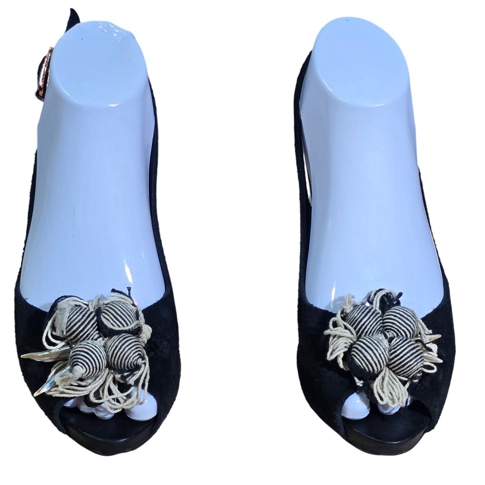 Sacha London Black Suede Peep Toe Slingback Heels Floral Flower US 7 EU 37.5